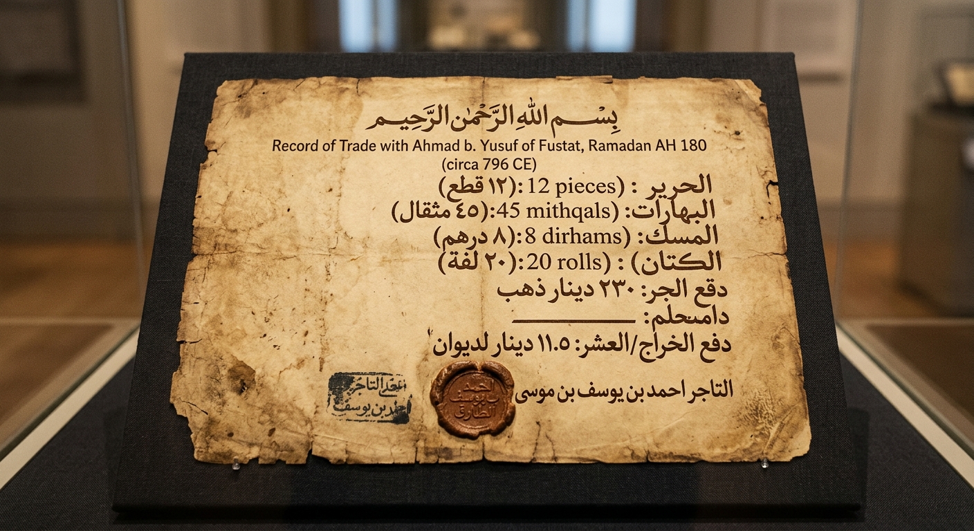 An early Islamic trade receipt with Arabic writing listing goods, quantities, and a seal or stamp.