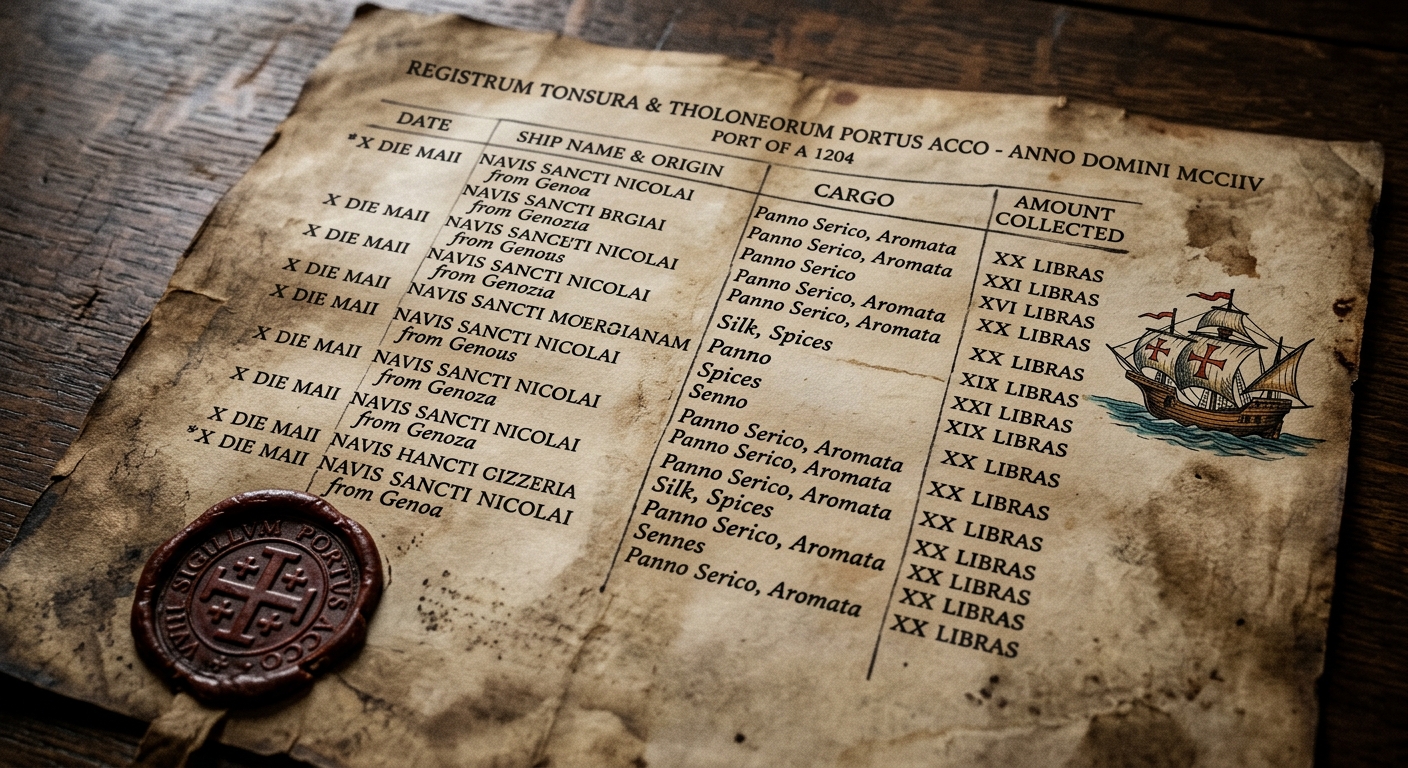 A medieval parchment port toll ledger listing ships or goods and fees collected, with a wax seal.