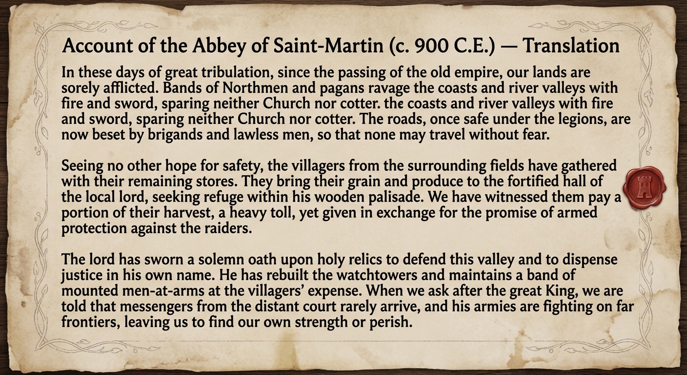 A parchment-style image of a short translated medieval document titled “Account of the Abbey of Saint‑Martin (c. 900 C.E.)” describing raids, unsafe roads, and villagers seeking protection from a local lord in exchange for service.