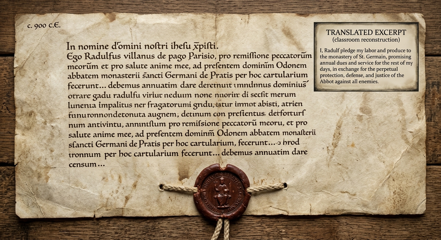 Parchment charter with wax seal dated c. 900 C.E., with an inset translated excerpt about a villager giving service to a lord for protection.