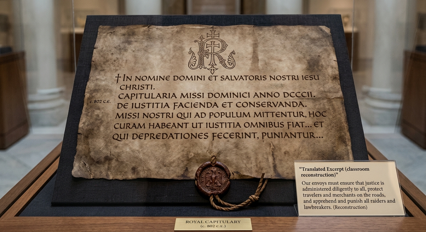 Early medieval royal edict on parchment dated c. 802 C.E., with a translated excerpt about envoys enforcing justice and protecting travelers.