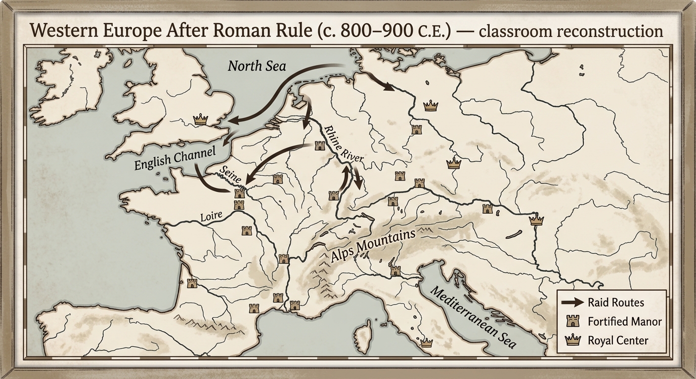 Simplified map of Western Europe c. 800–900 C.E. showing coasts, rivers, mountains, raid routes, and scattered local forts with a legend.