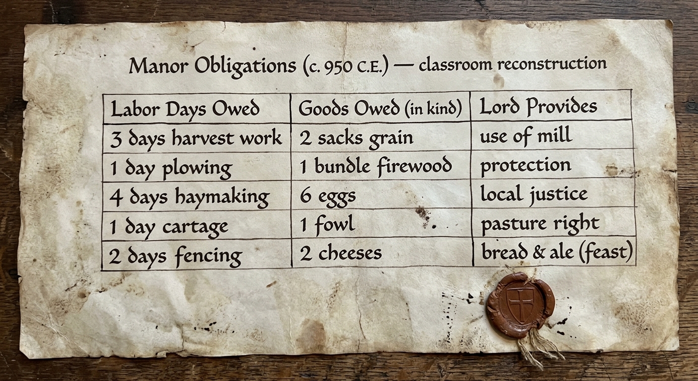 Parchment manorial obligations ledger dated c. 950 C.E. showing labor and goods owed in exchange for protection and justice.