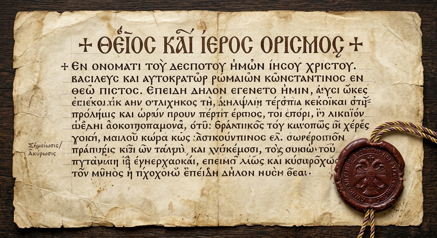 Fictional Byzantine imperial decree on parchment with Greek-style lettering and a red wax seal.