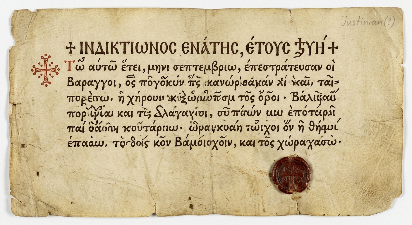 Fictional Byzantine chronicle entry on parchment with a dated heading and a small red seal.