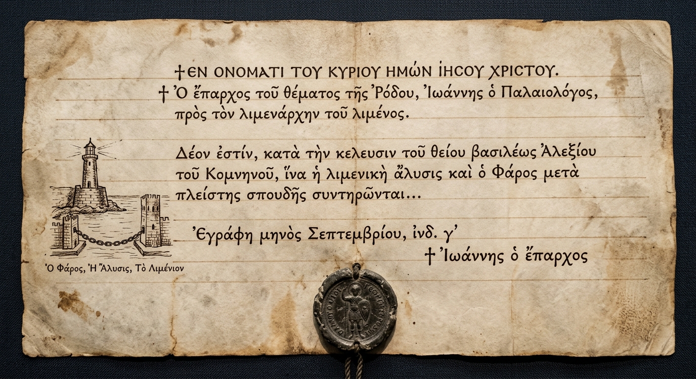 Fictional Byzantine administrative letter on parchment with a small lighthouse sketch and a round lead seal.