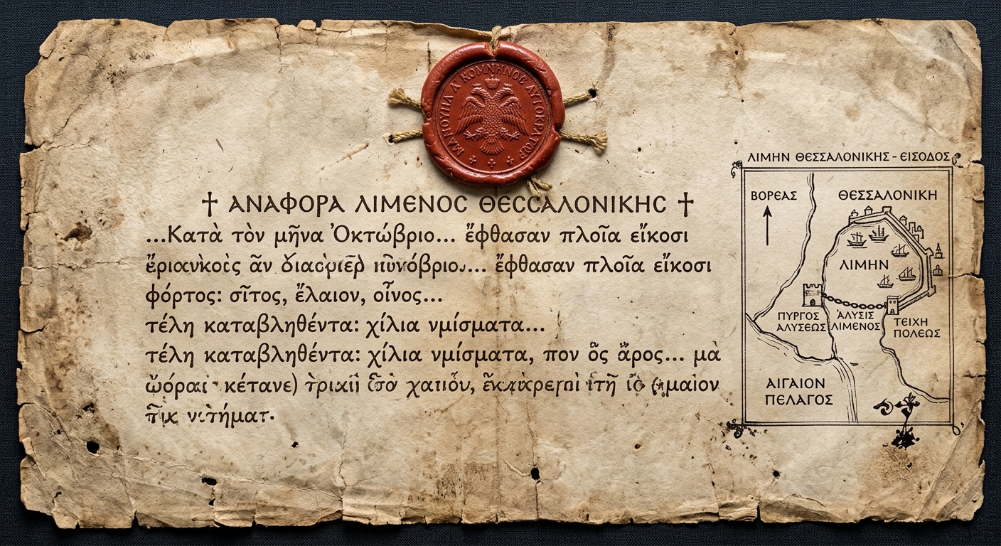 Fictional Byzantine harbor report on parchment with a small sketch map of a strait and harbor and a red wax seal.