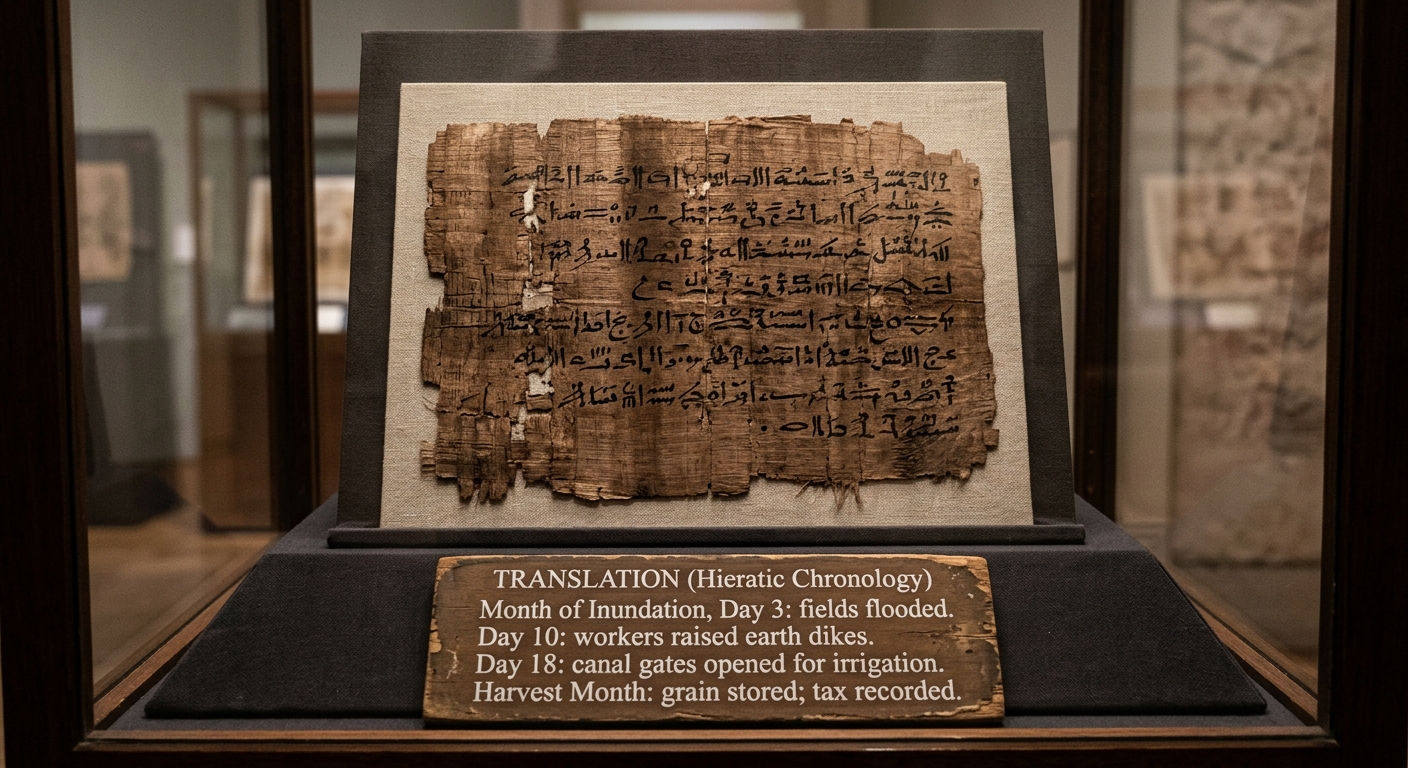 Museum-style photo of an aged papyrus document with a translation panel listing dated steps: flooding, building dikes, opening canal gates, and harvest tax.
