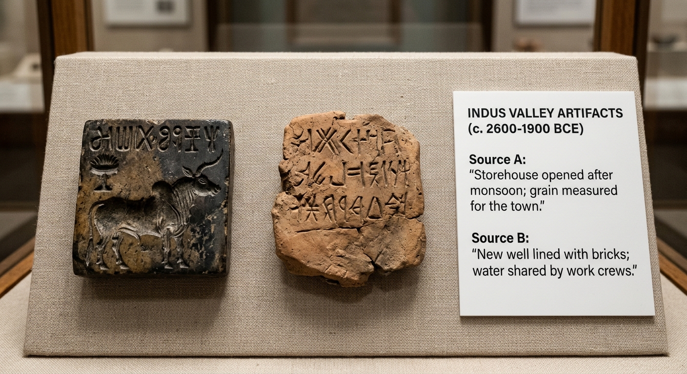 Museum-style photo of an ancient seal and clay tablet fragment with a translation card showing two excerpts about a storehouse after monsoon and a brick-lined well.