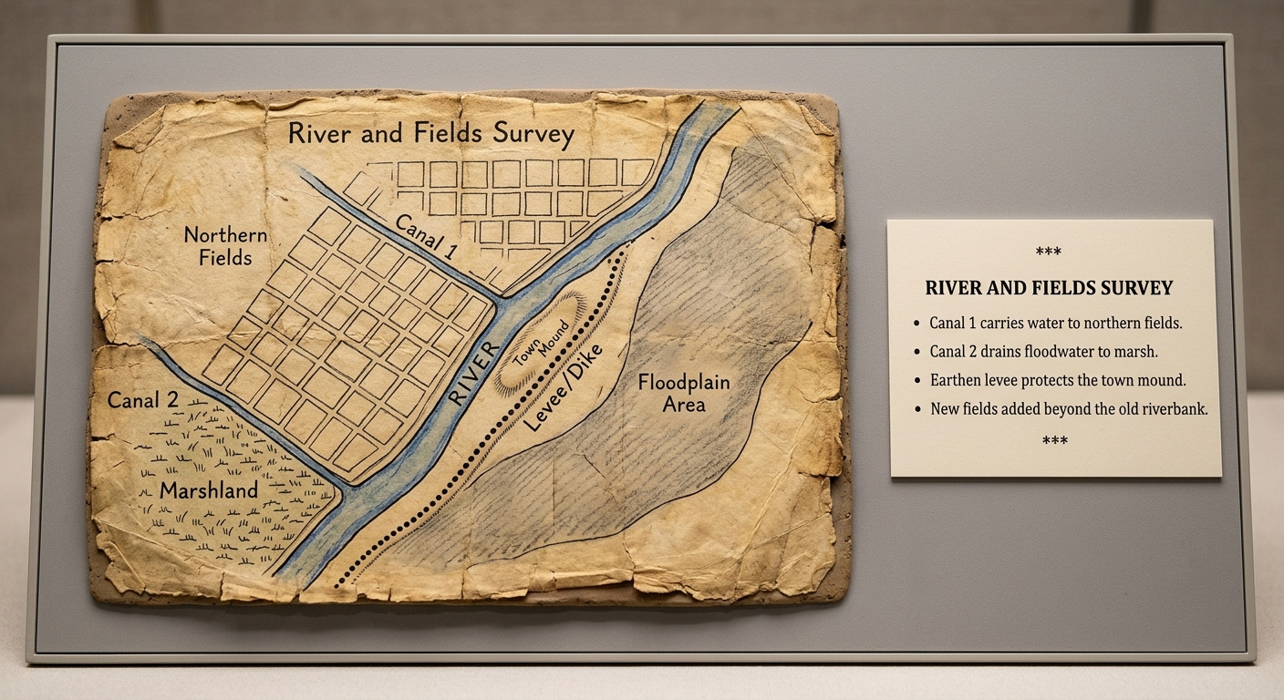 Museum-style photo of an ancient map showing a river, canals, levee, and fields, with a modern legend describing irrigation and flood control features.