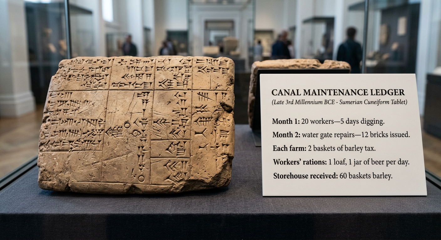 Museum-style photo of an ancient accounting ledger with a translation card listing worker labor, brick supplies, and barley taxes for canal maintenance.