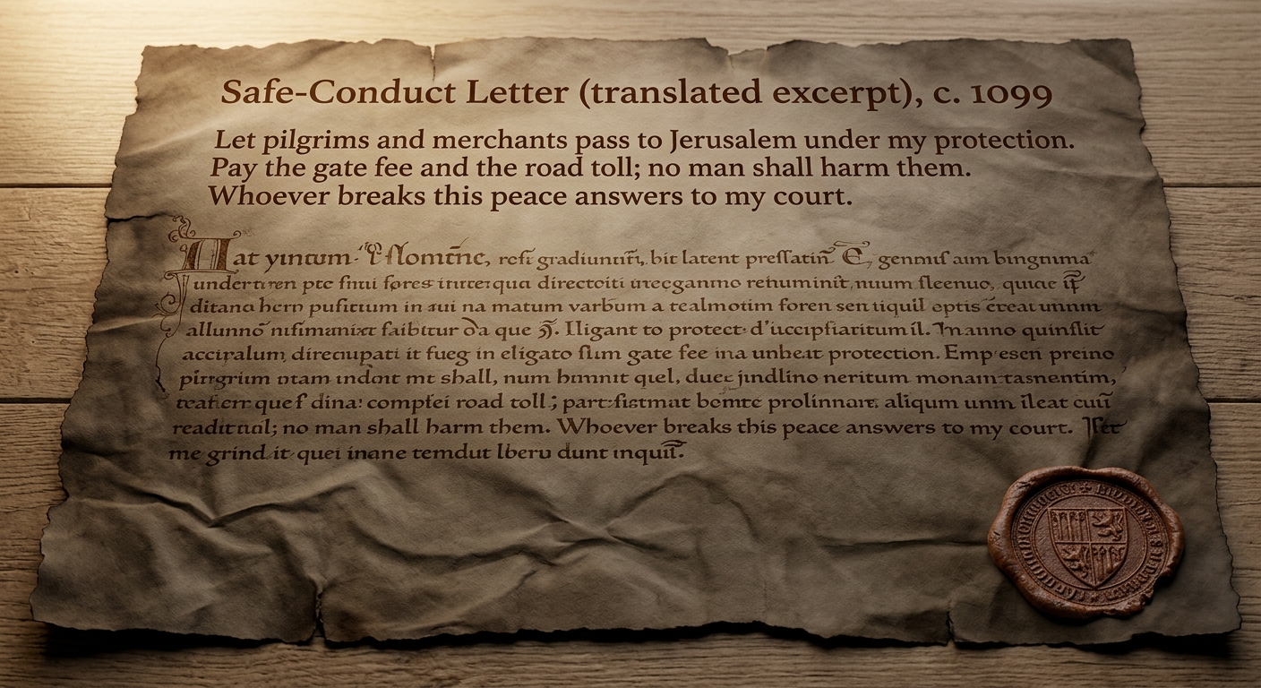 null A parchment-style medieval letter labeled “Safe-Conduct Letter (translated excerpt), c. 1099,” with handwritten script and a translated excerpt about protecting travelers to Jerusalem in exchange for fees and tolls.