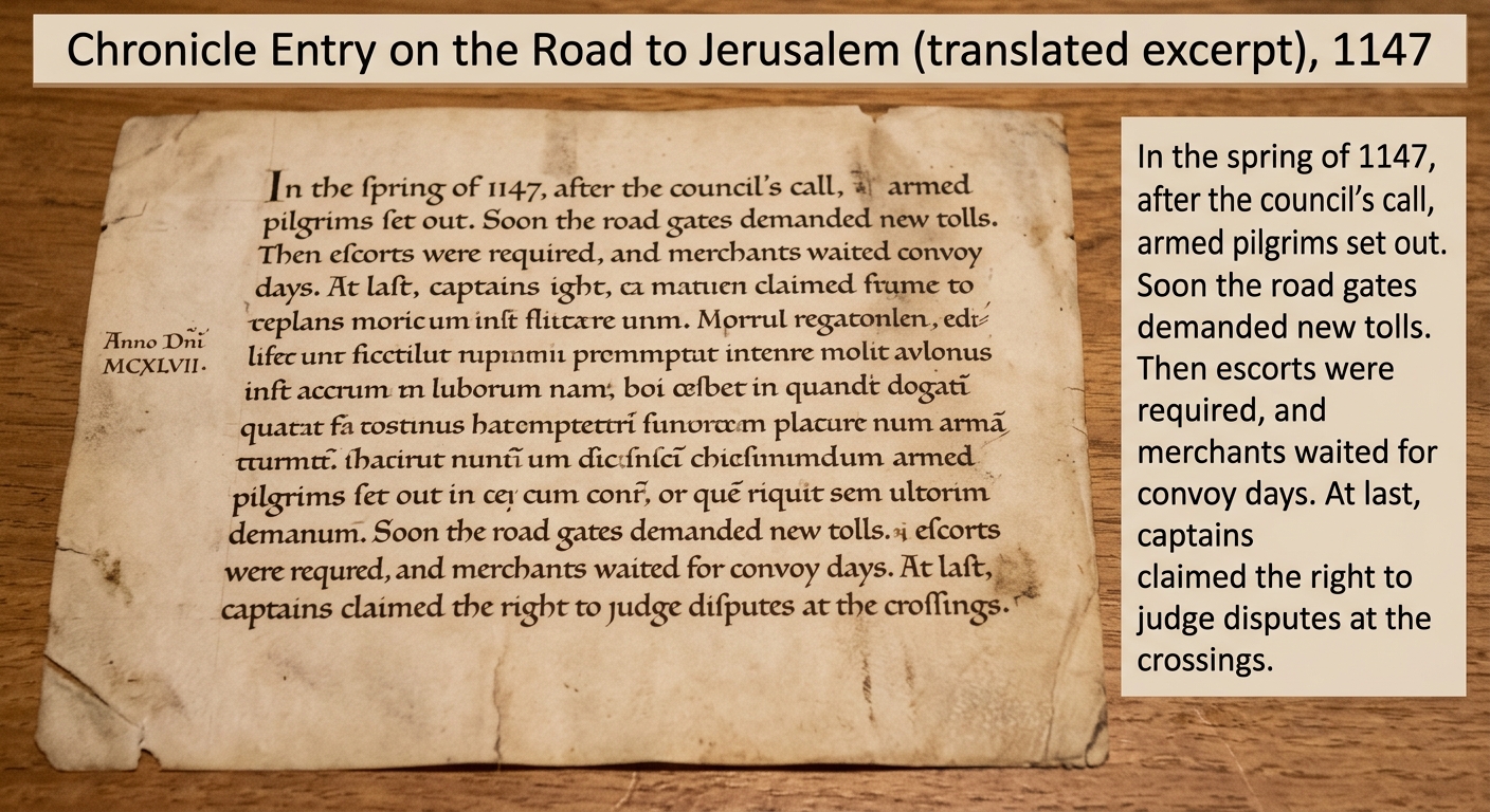 null A parchment-style medieval chronicle entry labeled “Chronicle Entry on the Road to Jerusalem (translated excerpt), 1147,” describing a sequence of travel controls—new tolls, required escorts, convoy days, and captains judging disputes at crossings.