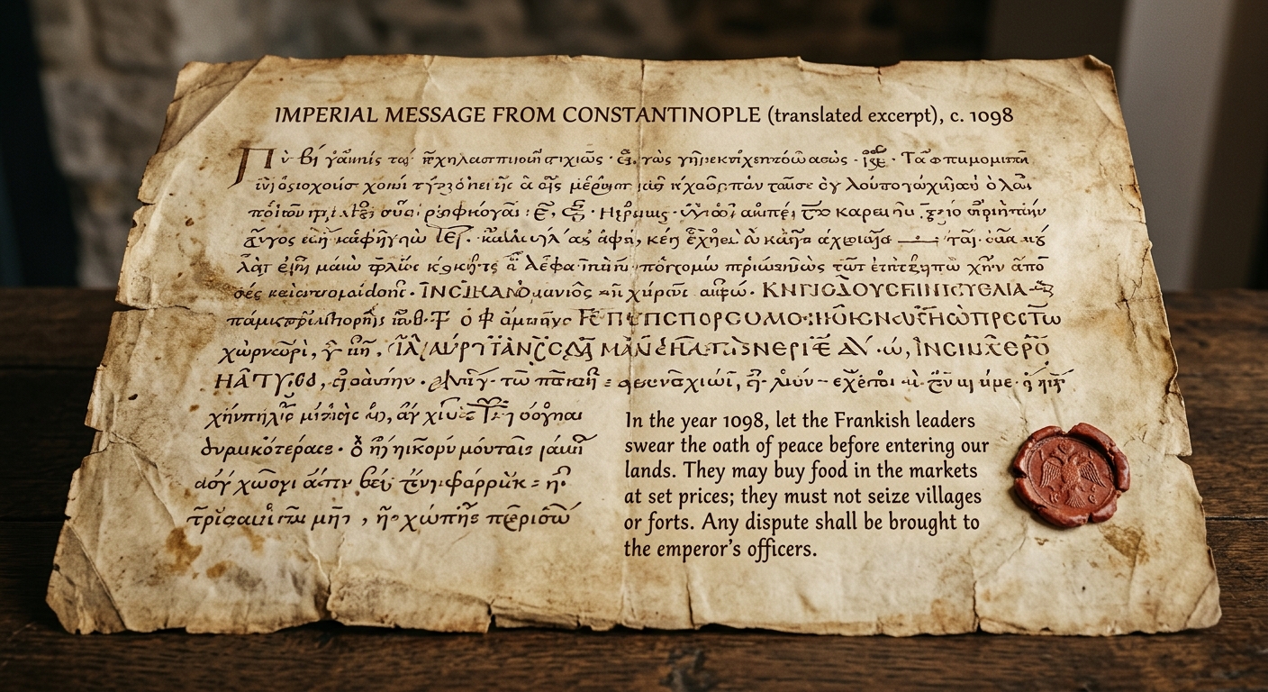 null A parchment-style document labeled “Imperial Message from Constantinople (translated excerpt), c. 1098,” describing oaths for Frankish leaders, regulated markets, and bans on seizing land, with a wax seal.