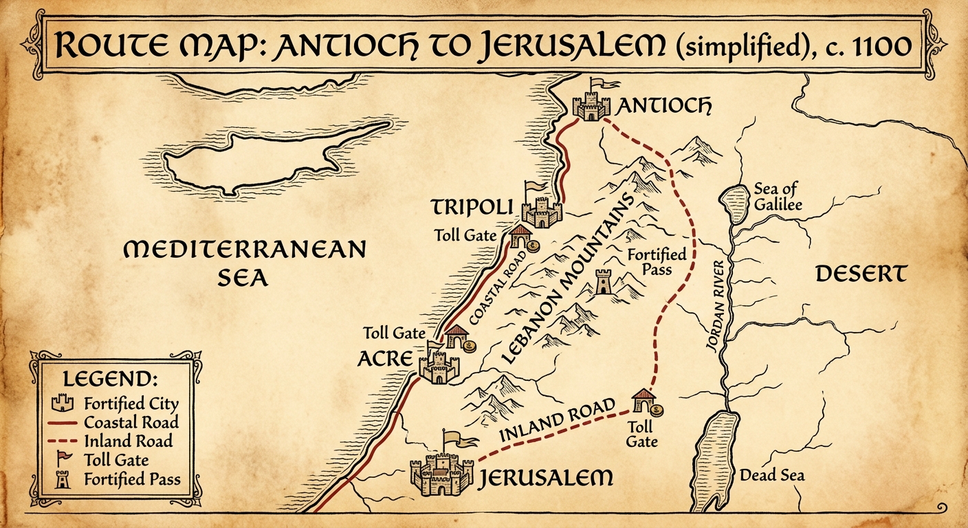 null A parchment-style map titled “Route Map: Antioch to Jerusalem (simplified), c. 1100,” showing coastal and inland routes with labeled cities (Antioch, Tripoli, Acre, Jerusalem), geographic features, and marked toll gates and fortified passes.