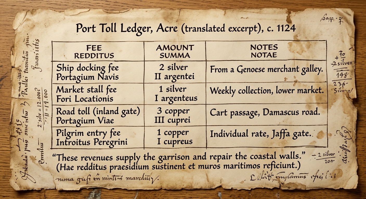 null A parchment-style toll ledger titled “Port Toll Ledger, Acre (translated excerpt), c. 1124,” listing fees for docking, market stalls, road tolls, and pilgrim entry, with a note that revenue supports a garrison and wall repairs.