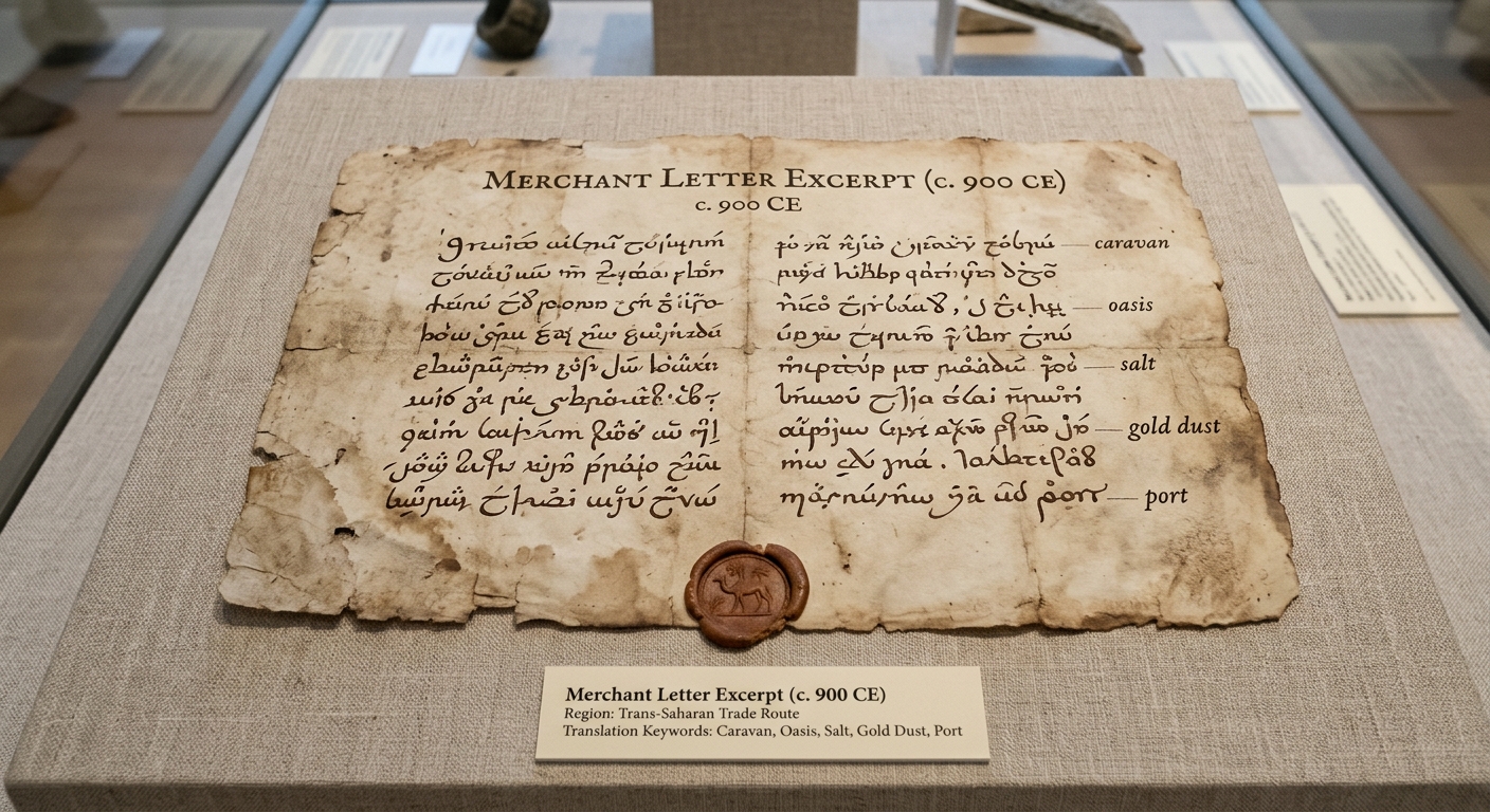 Fictional parchment merchant letter excerpt (c. 900 CE) mentioning a caravan, oases, salt, gold dust, and a port, with a wax seal.
