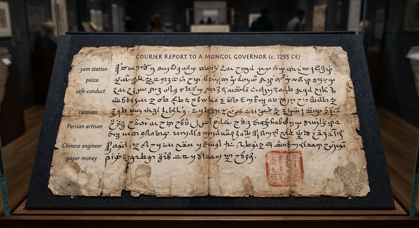 Fictional courier report to a Mongol governor (c. 1255 CE) mentioning yam stations, a paiza safe-conduct pass, caravans, artisans, engineers, and paper money, with a red seal.