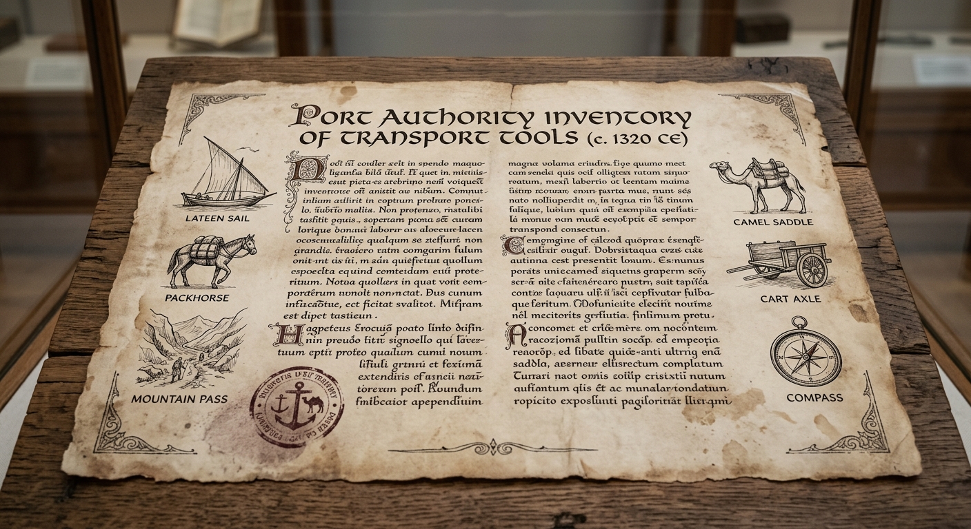 Fictional 1320 CE inventory document listing transport technologies such as a lateen-sail ship, camel saddle, wheeled cart, and compass, with small sketches and a faded seal.
