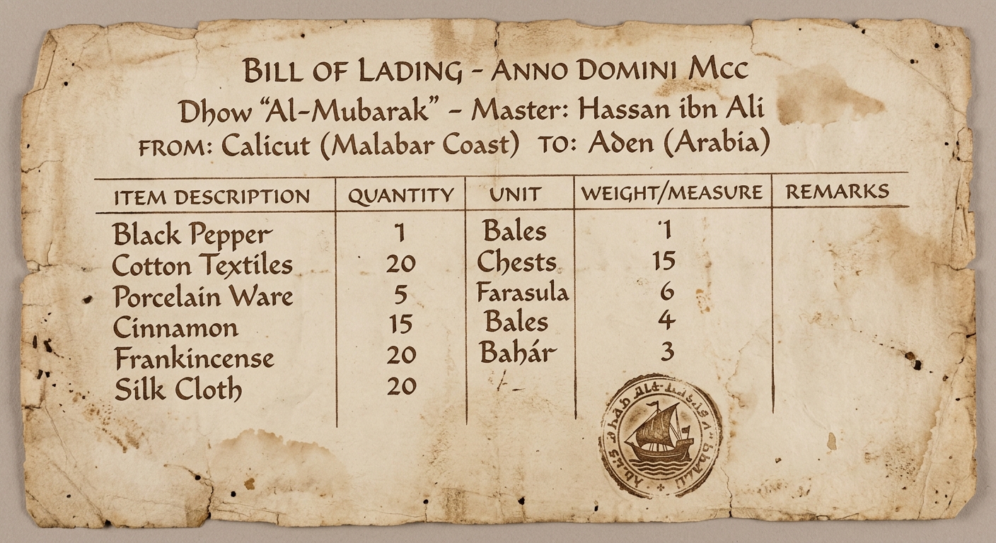 null Aged parchment trade receipt dated around 1200 CE listing goods and ports for Indian Ocean commerce.