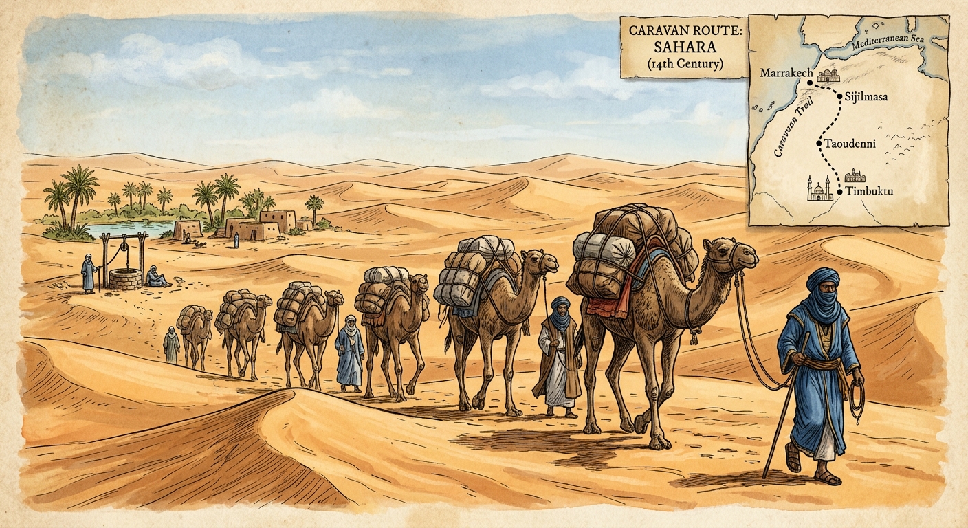 null Camel caravan carrying trade goods across the Sahara with a small map inset of the route.