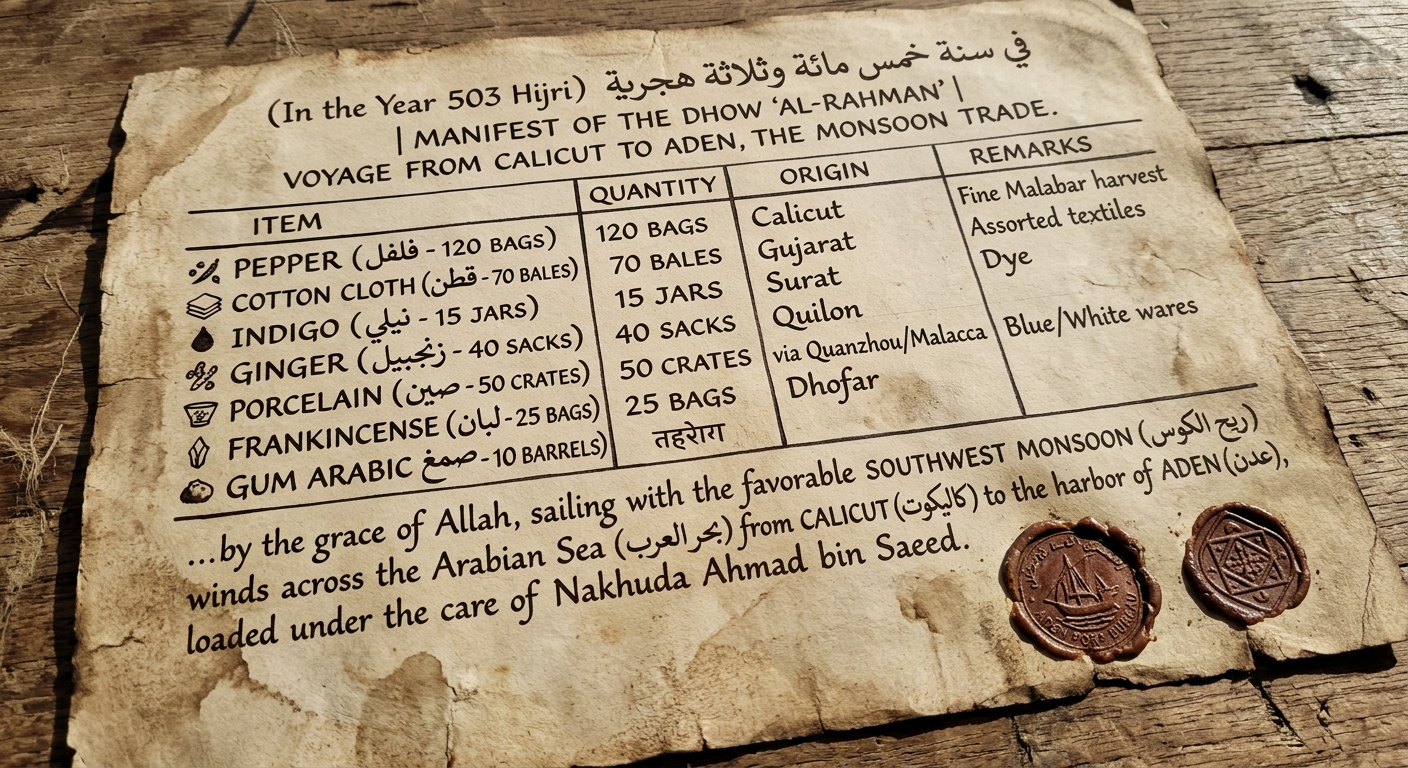 Sepia-toned parchment document styled as a medieval merchant manifest mentioning Aden, Calicut, monsoon winds, and trade goods, with ink handwriting and two seals.