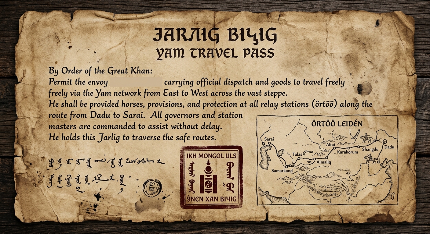Sepia parchment travel pass styled as a Mongol-era official document, with an ink seal and notes about relay stations and safe passage across Eurasian steppe routes.