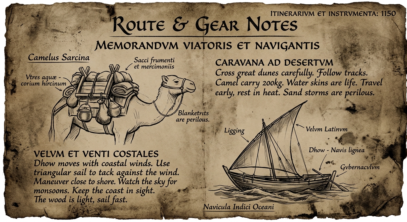 Aged parchment document with ink diagrams of a camel pack saddle and a dhow with a lateen sail, with handwritten notes about desert and sea travel.