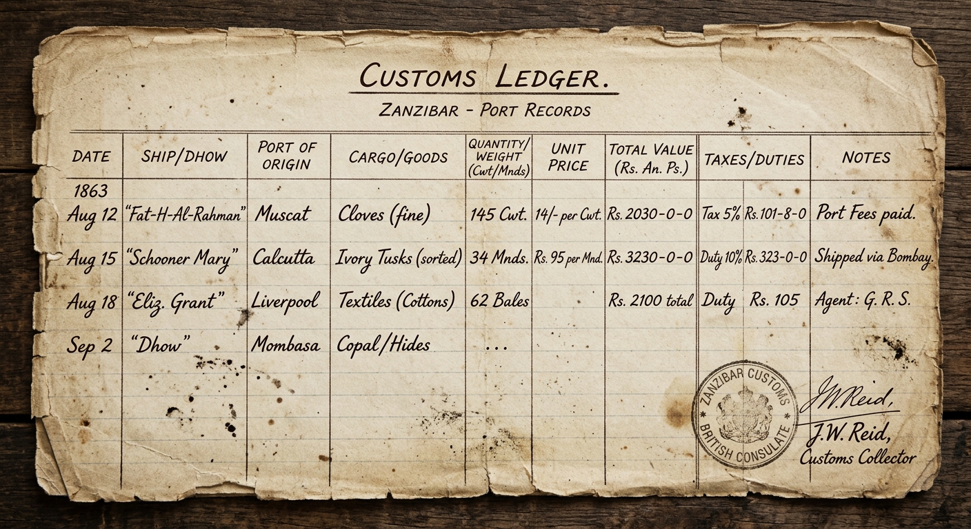 Aged customs ledger page showing goods, quantities, prices, and taxes from an Indian Ocean port.