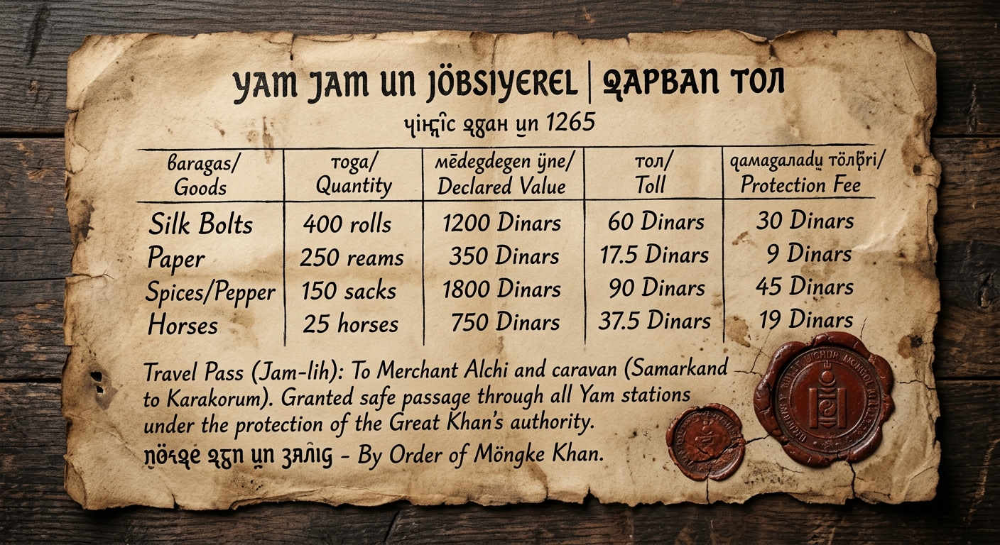 Aged-paper document labeled as a Mongol-era caravan travel pass and toll receipt, listing goods, quantities, values, and fees, with red seals and a note about safe passage.