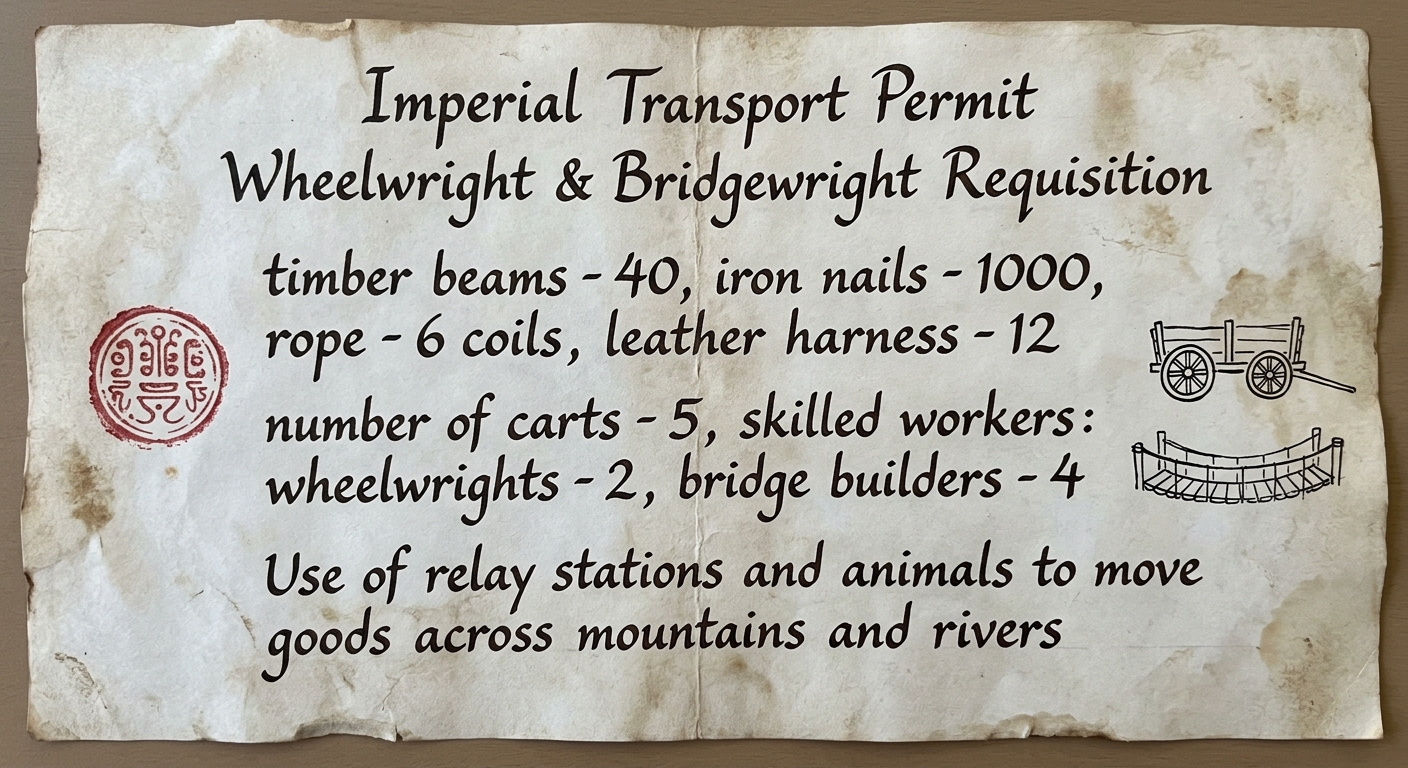 Aged parchment transport permit and requisition listing carts, materials, and skilled workers for moving goods, with a red seal and small sketches of a cart and bridge.