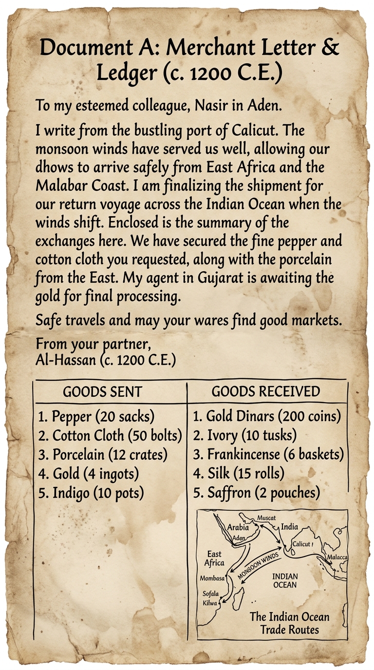 Aged parchment-style document labeled "Document A: Merchant Letter & Ledger (c. 1200 C.E.)" with a translated letter about Indian Ocean trade and monsoon winds, a simple goods-sent/goods-received ledger, and a small sketch map linking East Africa, Arabia, India, and Southeast Asia.
