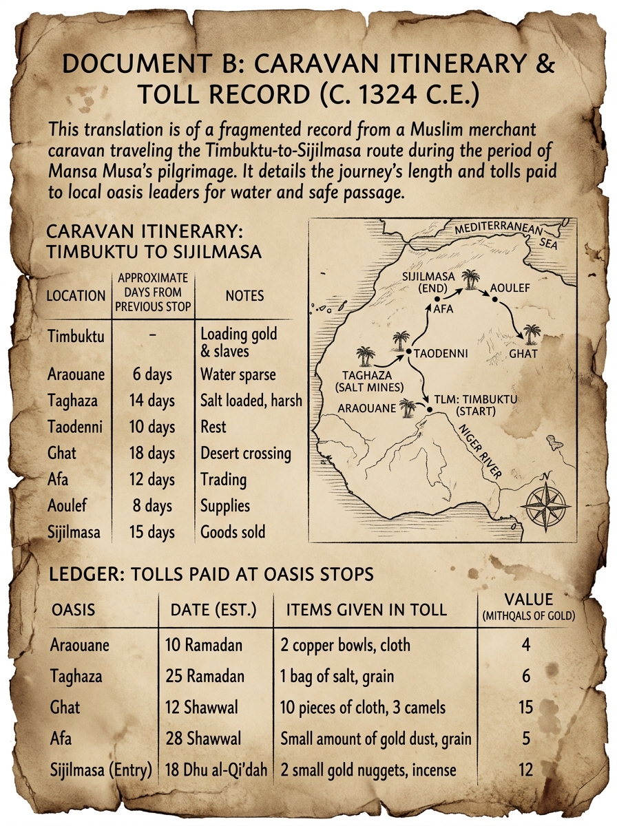 Aged parchment-style document labeled "Document B: Caravan Itinerary & Toll Record (c. 1324 C.E.)" showing a sequence of Trans-Saharan caravan stops with days between stops, a small toll ledger, and a sketched route across the Sahara with labeled oases.