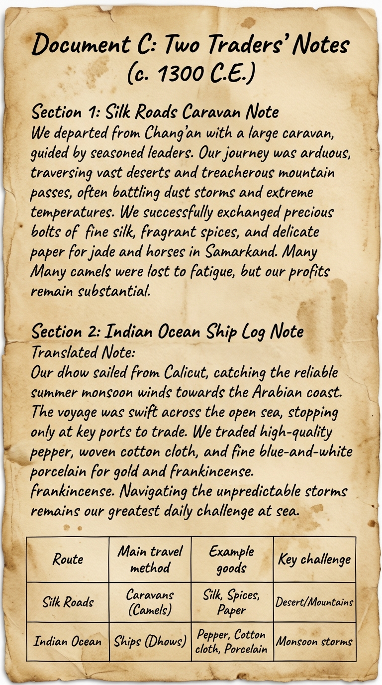 Aged parchment-style document labeled "Document C: Two Traders’ Notes (c. 1300 C.E.)" with one note about a Silk Roads caravan journey and one note about an Indian Ocean sea journey, plus a small comparison table of route, travel method, goods, and challenges.