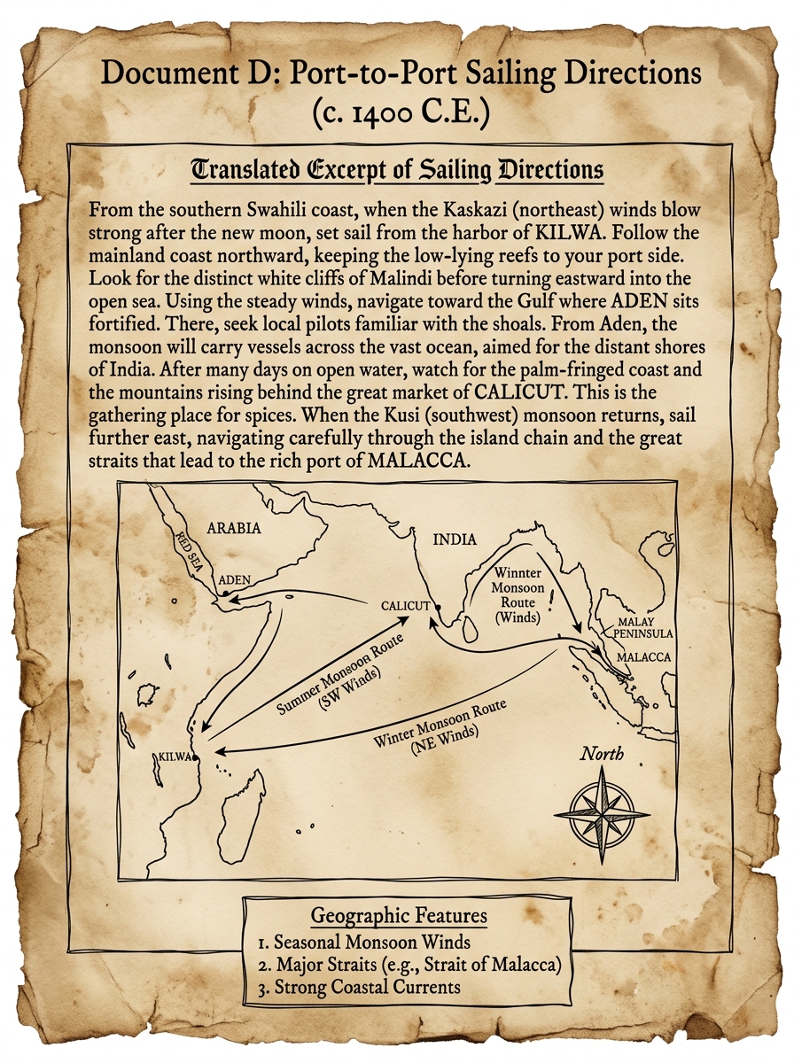 Aged parchment-style document labeled "Document D: Port-to-Port Sailing Directions (c. 1400 C.E.)" with a translated excerpt naming Indian Ocean ports, notes about monsoon winds and landmarks, and a simple sketched map with arrows showing sea routes across East Africa, Arabia, India, and Southeast Asia.