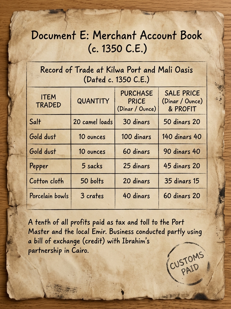 Aged parchment-style document labeled "Document E: Merchant Account Book (c. 1350 C.E.)" showing a translated table of traded goods with quantities, prices, and profit, plus notes about tolls or customs payments.
