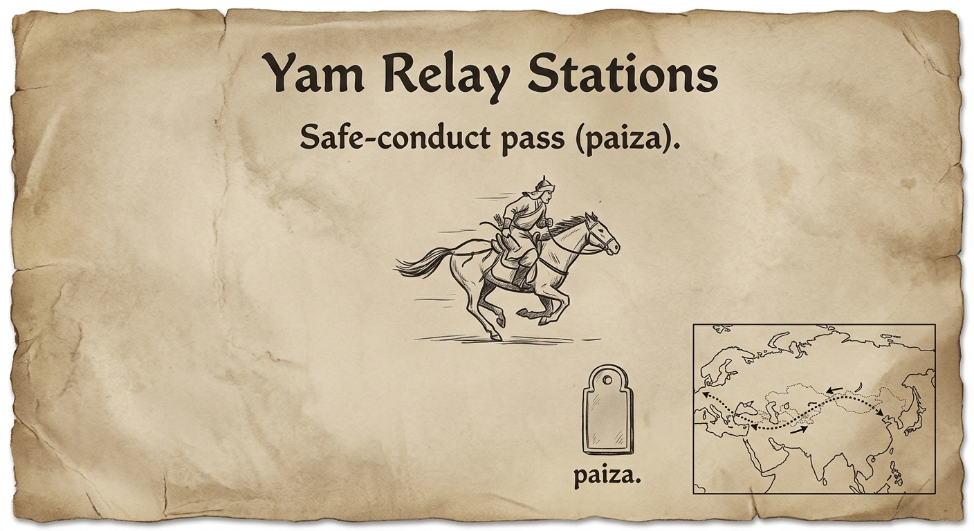 Replica parchment-style document about Mongol relay stations and a safe-conduct pass, with an inset Eurasia trade-route map showing East–West connections.