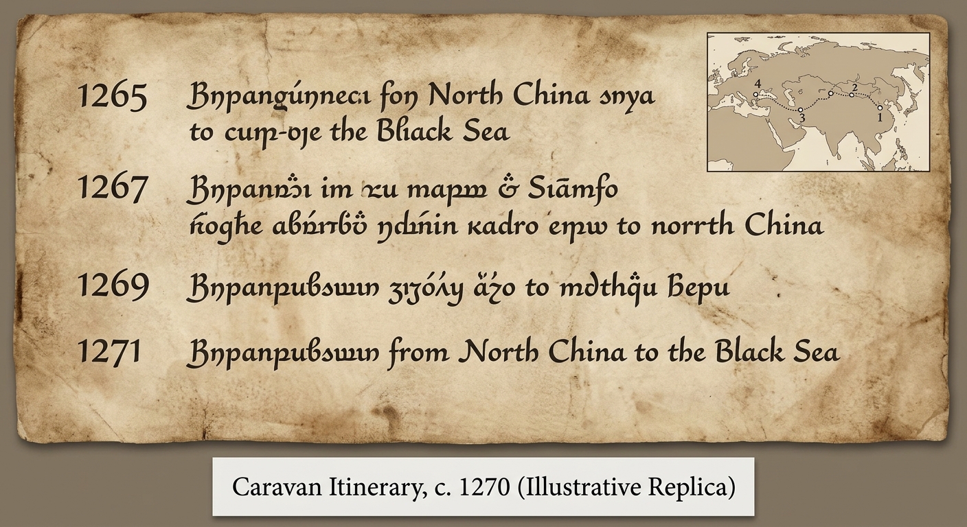 Illustrative replica Mongol-era caravan itinerary listing four dated travel stops (1265–1271) with an inset Eurasia route map showing numbered stops.