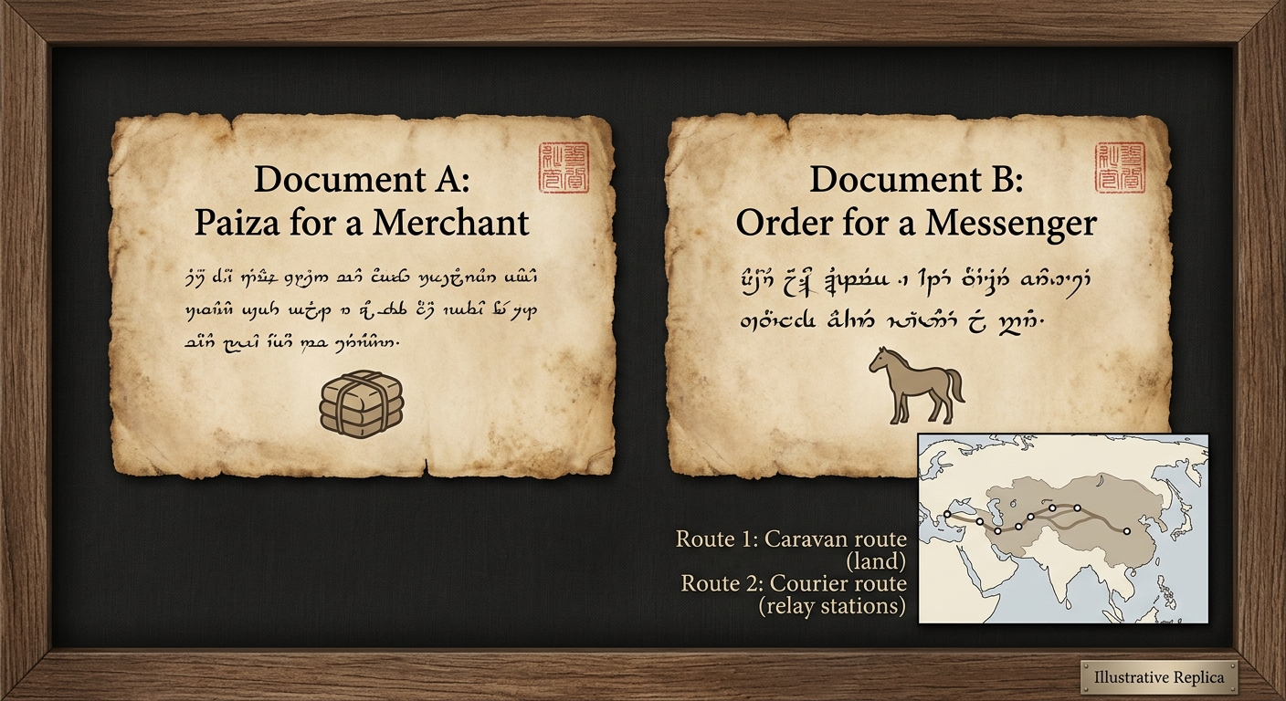 Illustrative replica showing two Mongol-era travel documents (merchant pass and messenger order) side-by-side, with a small Eurasia map inset highlighting a caravan route and a courier relay route.
