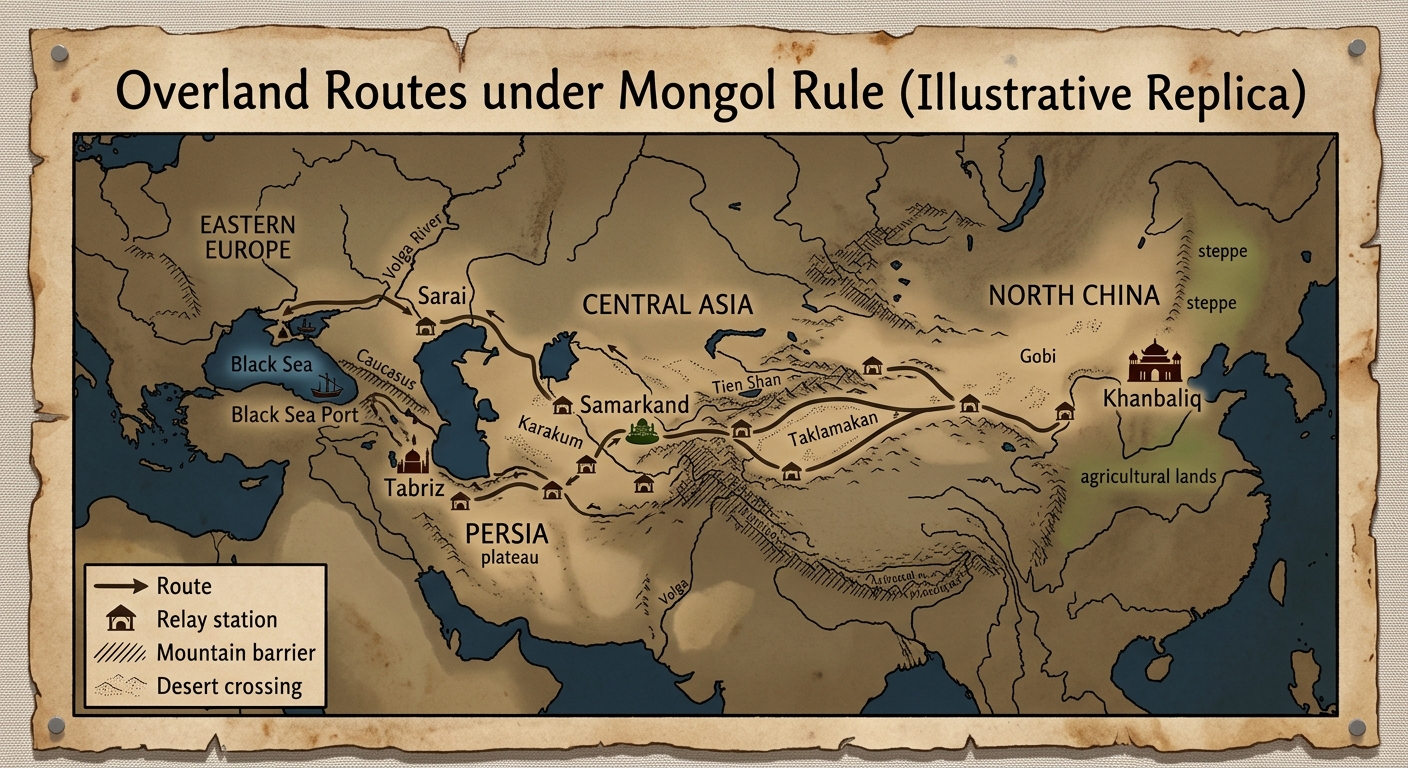 Illustrative replica parchment map of Eurasia showing overland routes under Mongol rule with labeled regions, major trade cities, relay stations, and geographic barriers like mountains and deserts.