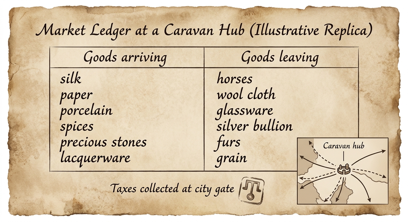 Illustrative replica market ledger from a Mongol-era trade hub listing goods arriving and leaving, with a note about taxes and an inset diagram of routes meeting at a caravan hub.