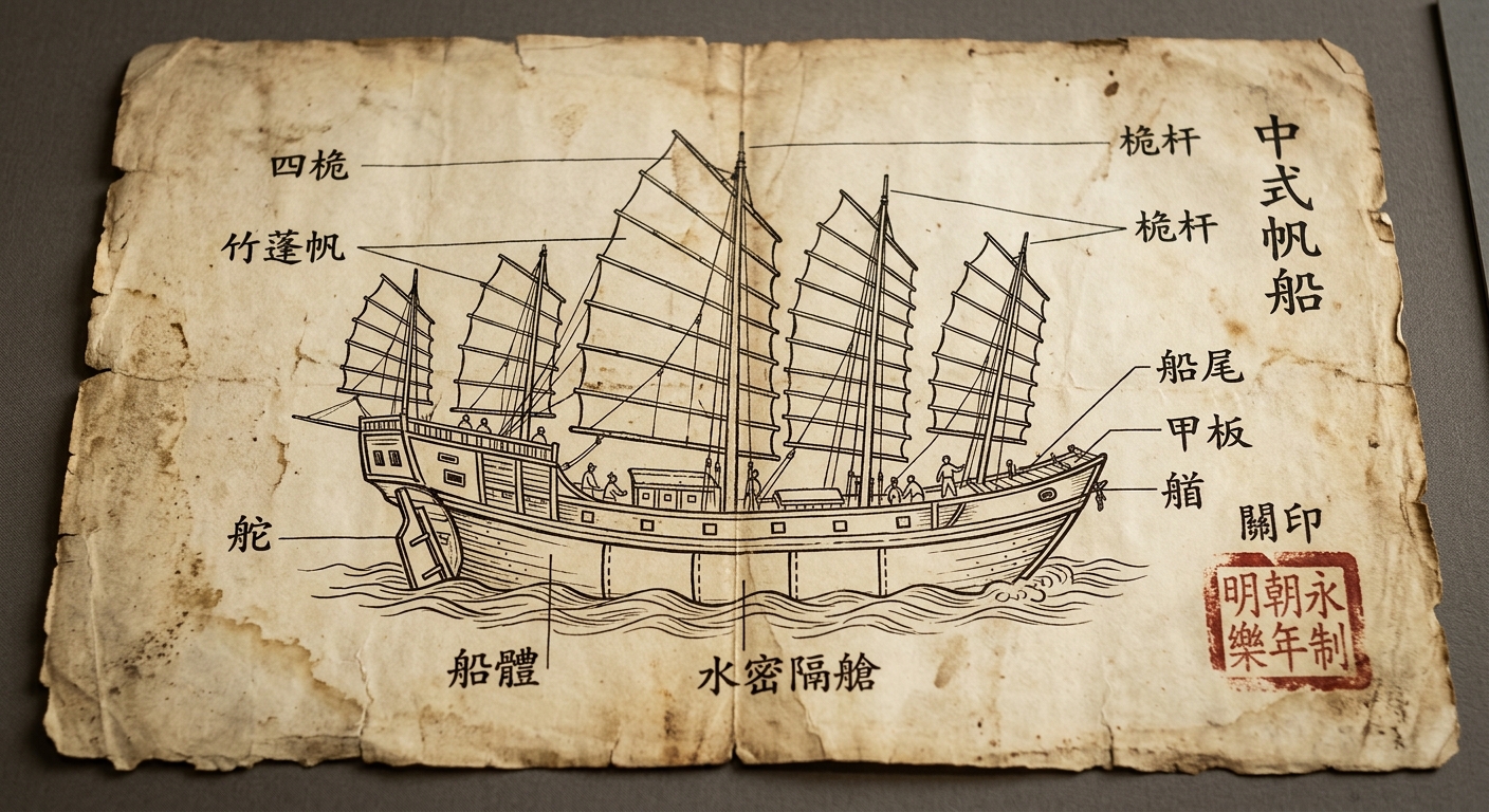A parchment-style historical document with an ink drawing of a large Chinese junk ship, showing multiple masts and interior partitions, with a red seal stamp.