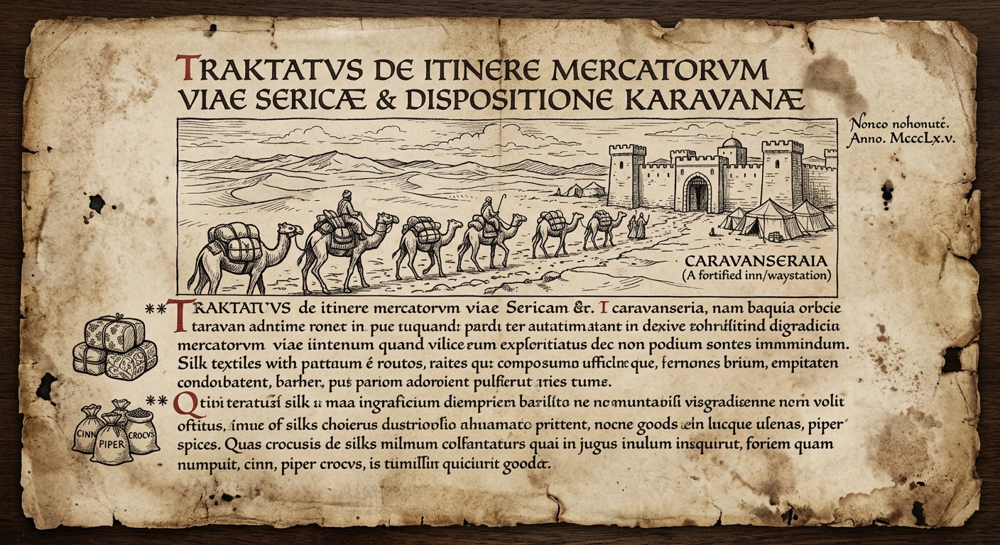 Parchment-style historical document with an ink drawing of a camel caravan crossing a desert toward a caravanserai, with small trade-goods symbols.