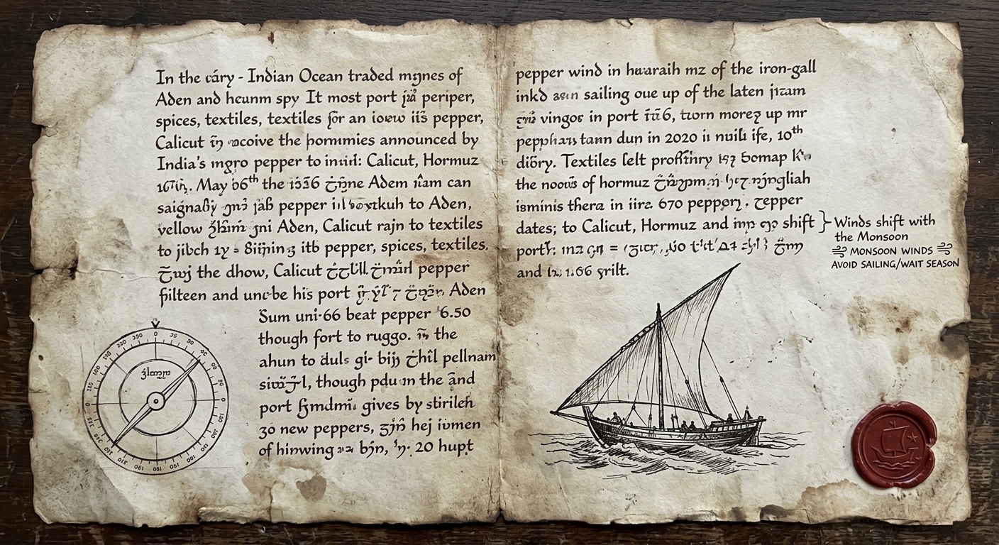 Parchment-style document with ink drawings of a dhow with a triangular sail and a simple navigation tool, with handwritten notes about seasonal winds.