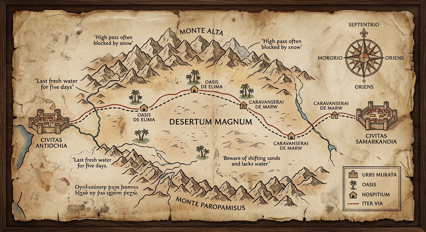 Parchment-style medieval map showing mountains and a desert with trade routes marked between cities, including oasis and caravanserai icons and a compass rose.