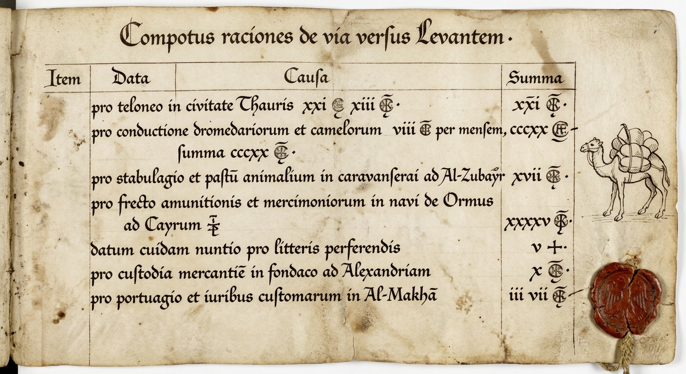 A parchment-style merchant ledger page with handwritten cost entries for tolls and transport, plus a small sketch of a loaded camel.