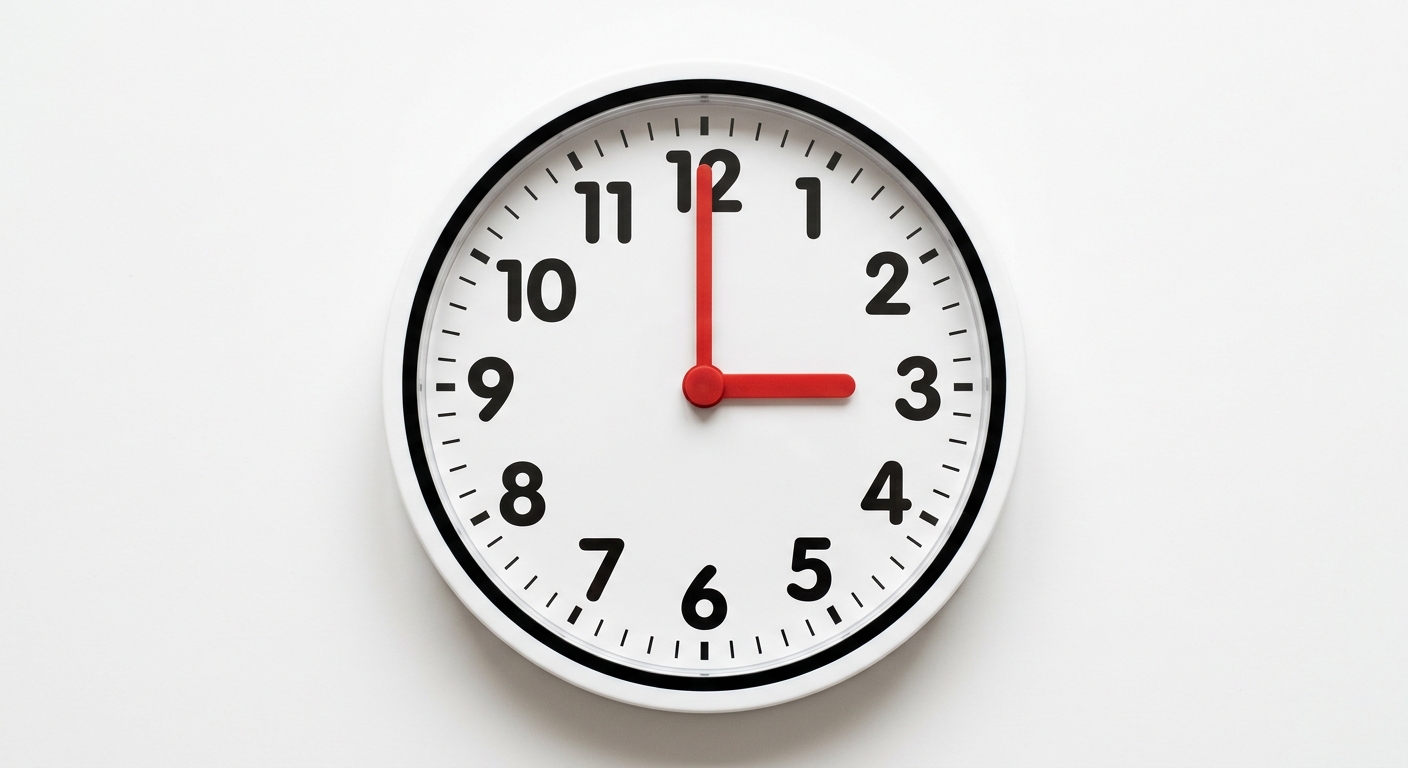 An analog clock with numbers 1–12 and red hands showing 3:00.