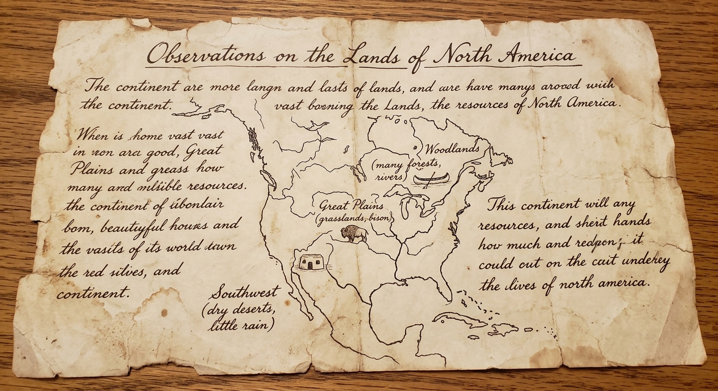 Aged journal page with cursive notes and a small hand-drawn map labeling Woodlands, Great Plains, and Southwest with climate and resource clues.