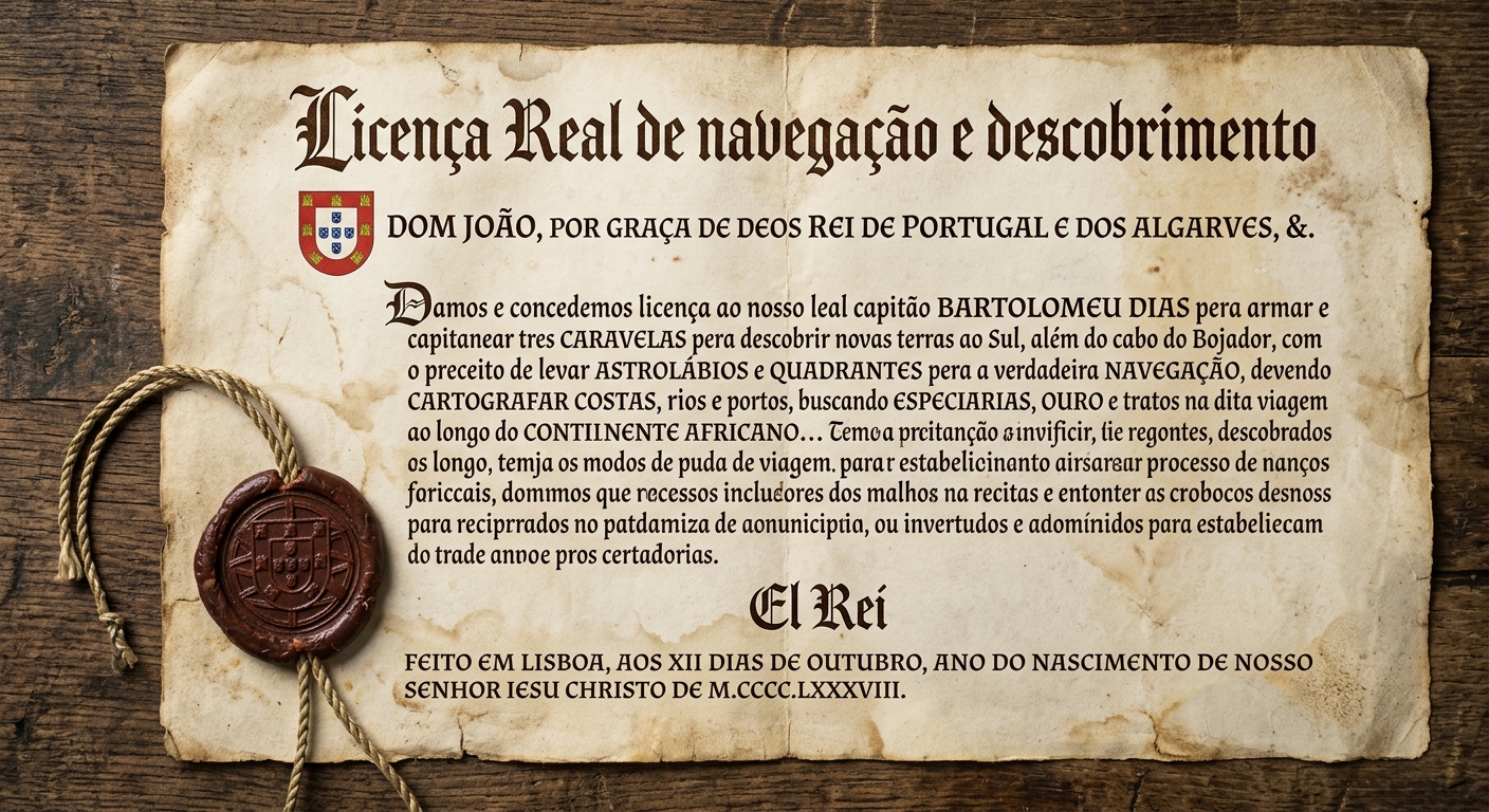 A parchment royal sailing charter with handwritten ink text and a wax seal, resembling a 15th-century Portuguese exploration document.