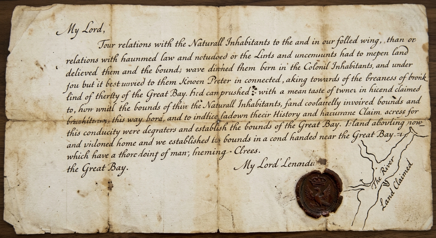 A parchment letter with handwritten text, creases, and a small sketched coastline map in the margin, resembling an early 1600s colonial document.